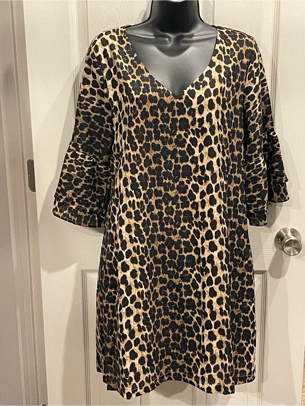V-Neck Leopard Print Midi Dress in Black & Tan